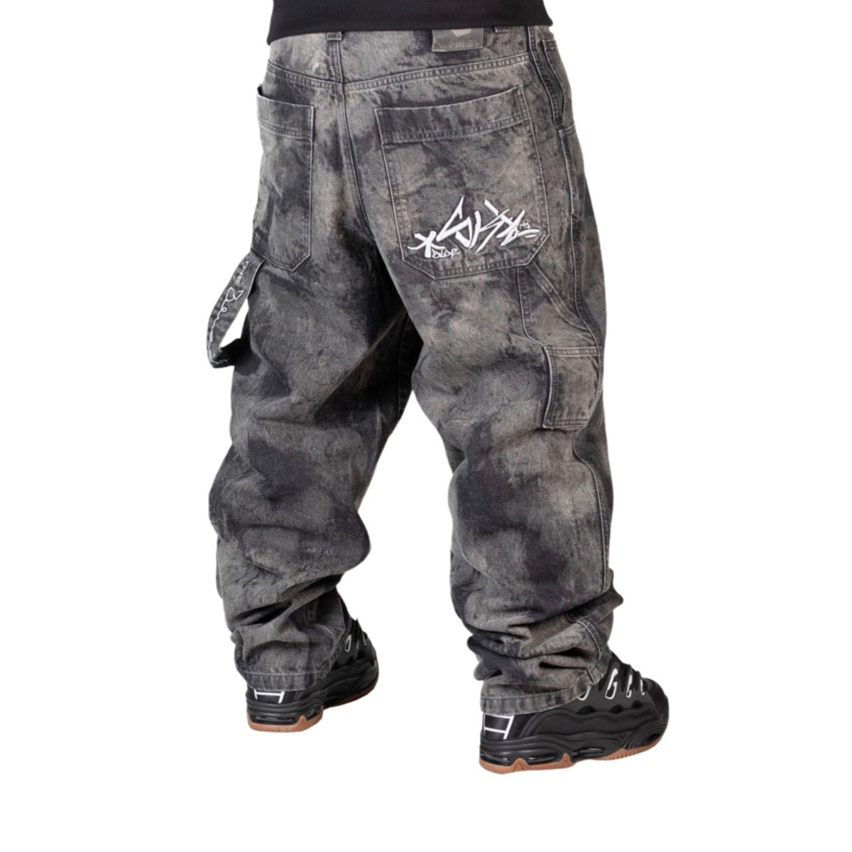 Baggy Nero Marble Wash Ricamo Graffito Bianco