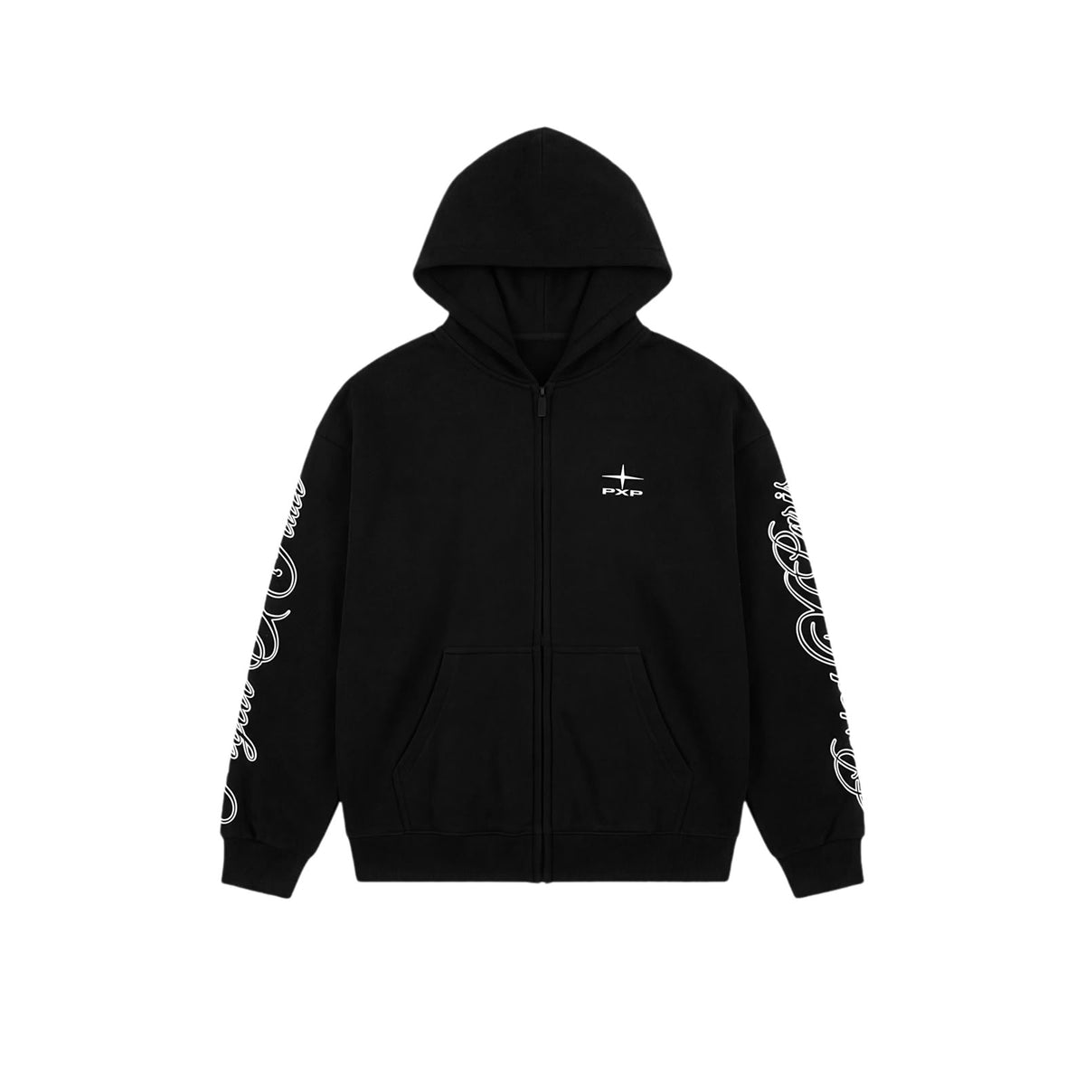 Felpa con cappuccio con Zip e scritte cucite su maniche e cappuccio